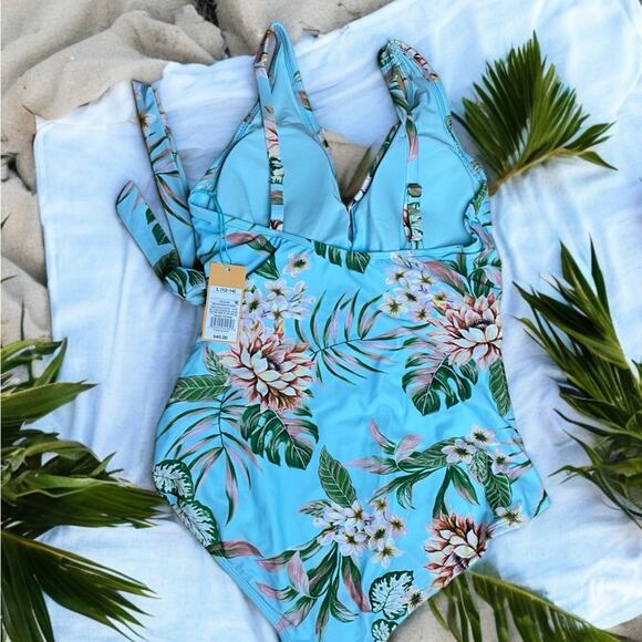 Kona Sol Wrap Front  Light Blue Floral One Piece Size L NWT - Picture 4 of 11